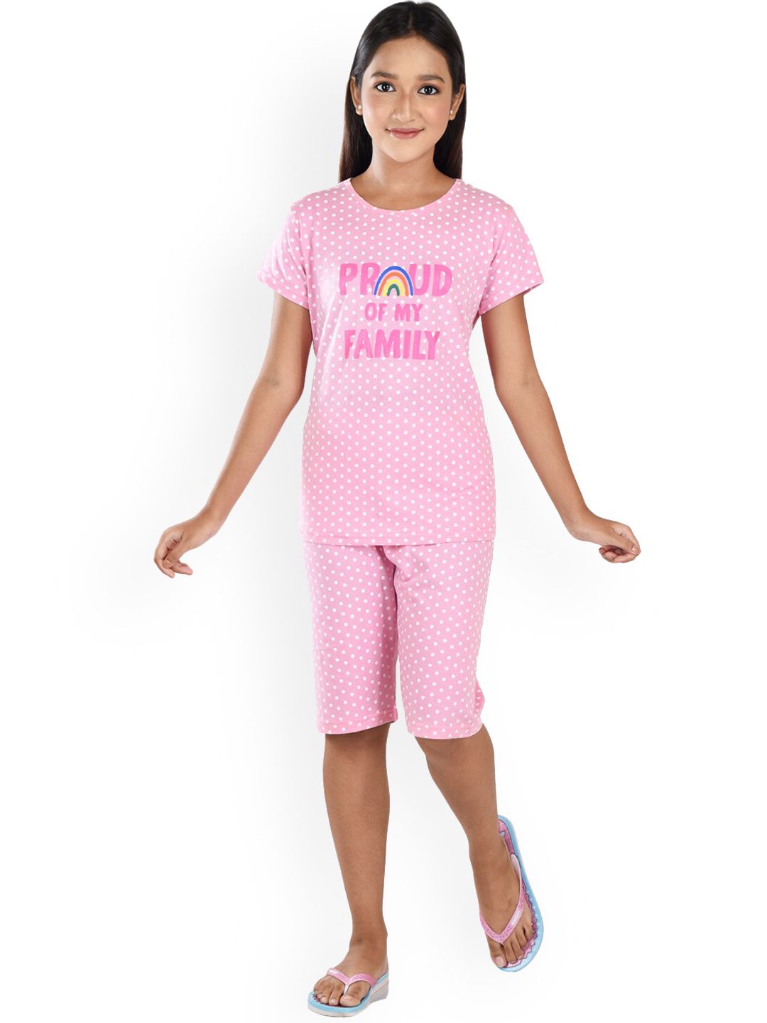 Clothe Funn Girls Polka Dots Printed Pure Cotton Night Suit