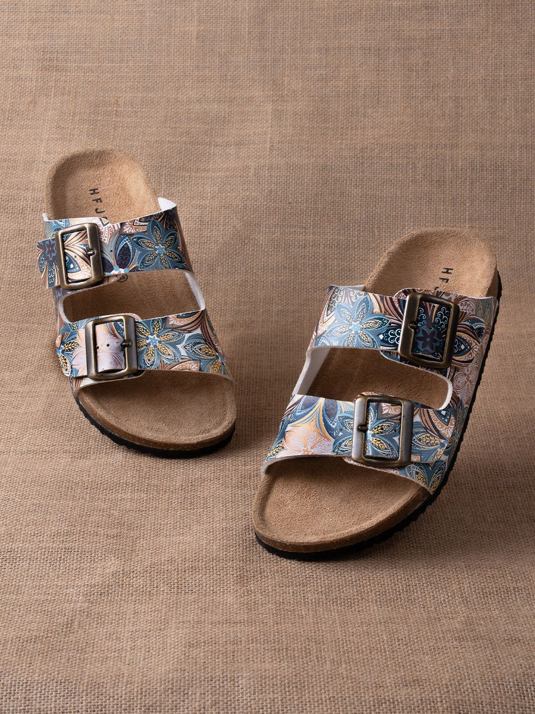 HF JOURNEY Women Floral Printed Width Buckle Comfort Cork Open Toe Flats