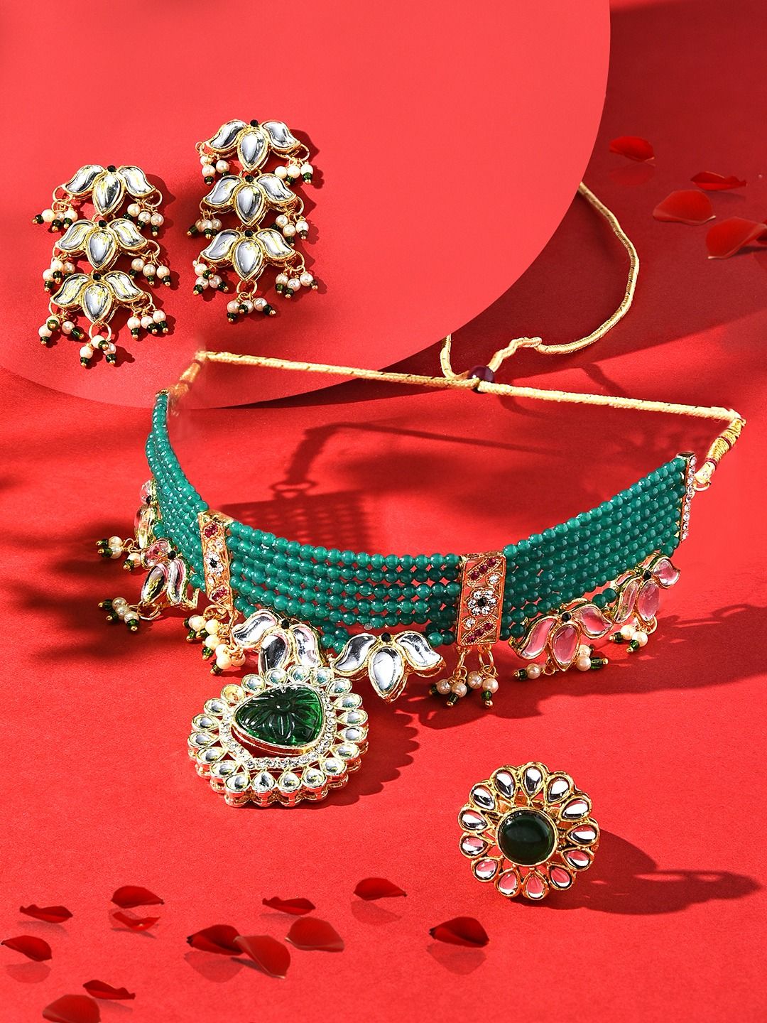 Zaveri Pearls Lotus Kundan-Studded & Beaded Jewellery Set