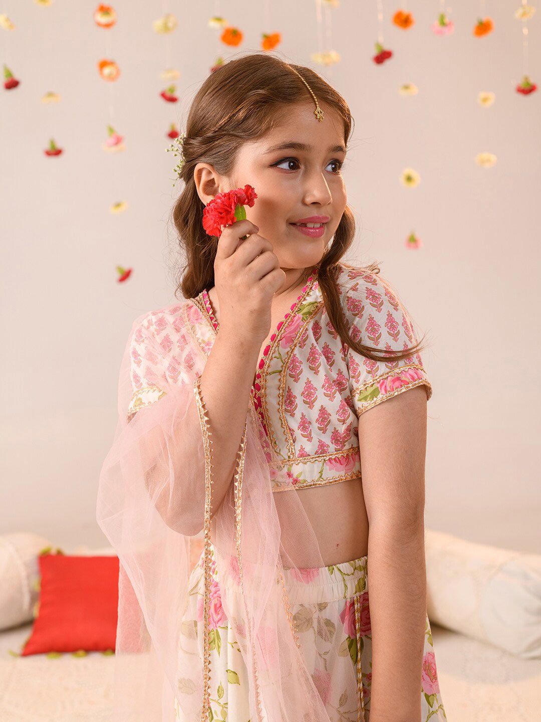 Girls Off White And Pink Foil Cotton Lehenga Blouse Dupatta Set 2