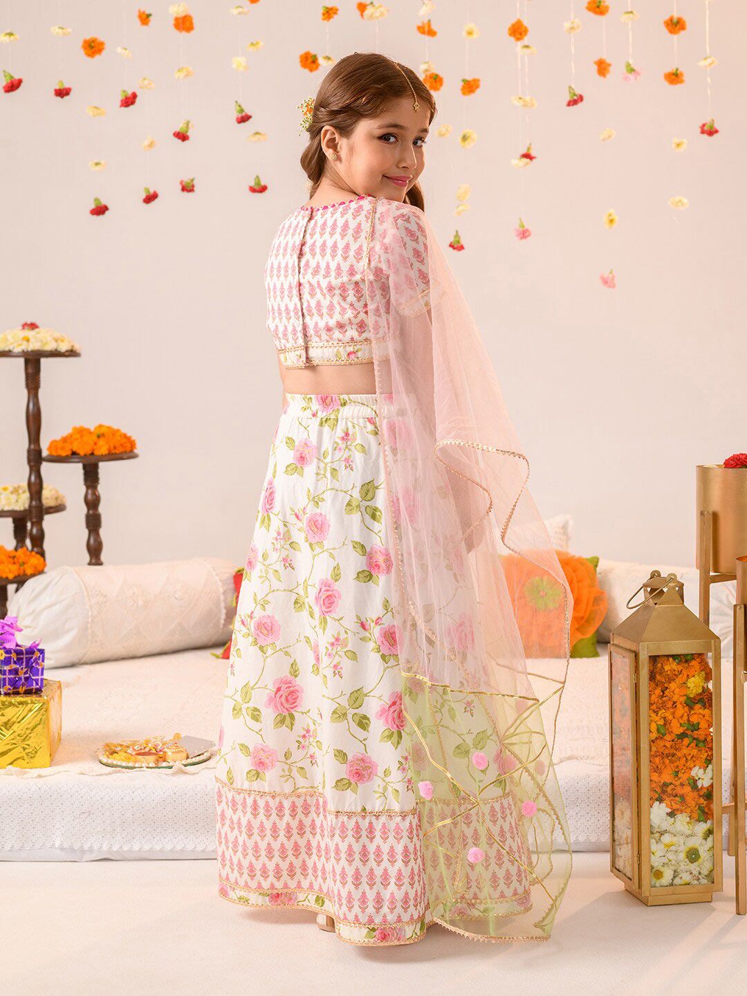 Girls Off White And Pink Foil Cotton Lehenga Blouse Dupatta Set 5