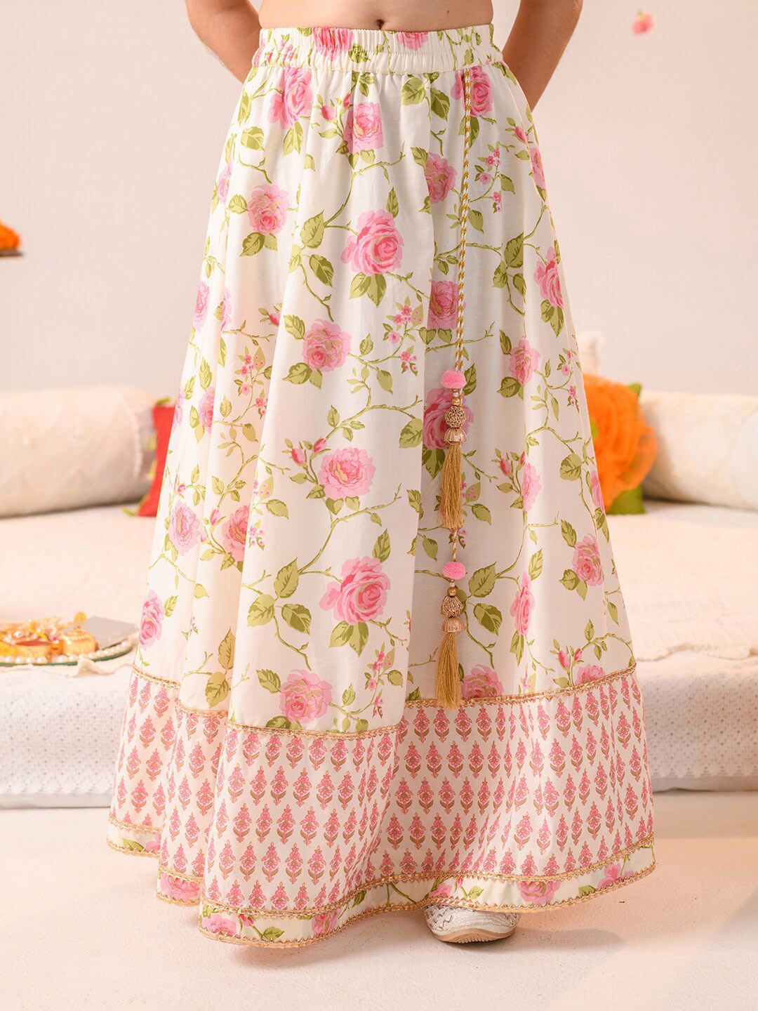 Girls Off White And Pink Foil Cotton Lehenga Blouse Dupatta Set 3