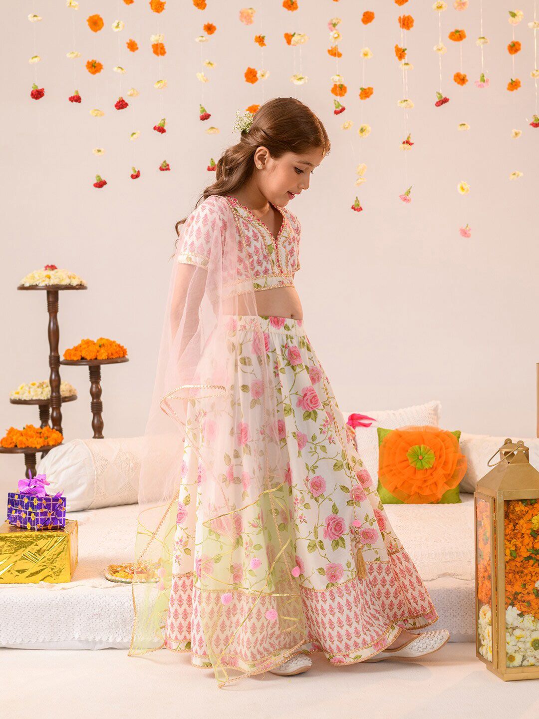 Girls Off White And Pink Foil Cotton Lehenga Blouse Dupatta Set 4