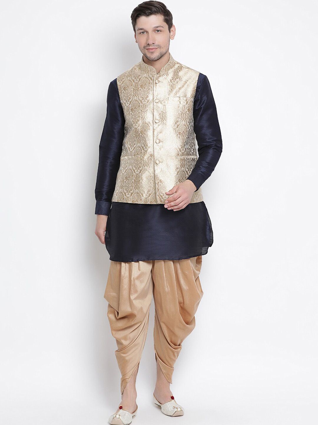 VASTRAMAY Mandarin Collar Kurta with Dhoti Pants & Nehru Jacket