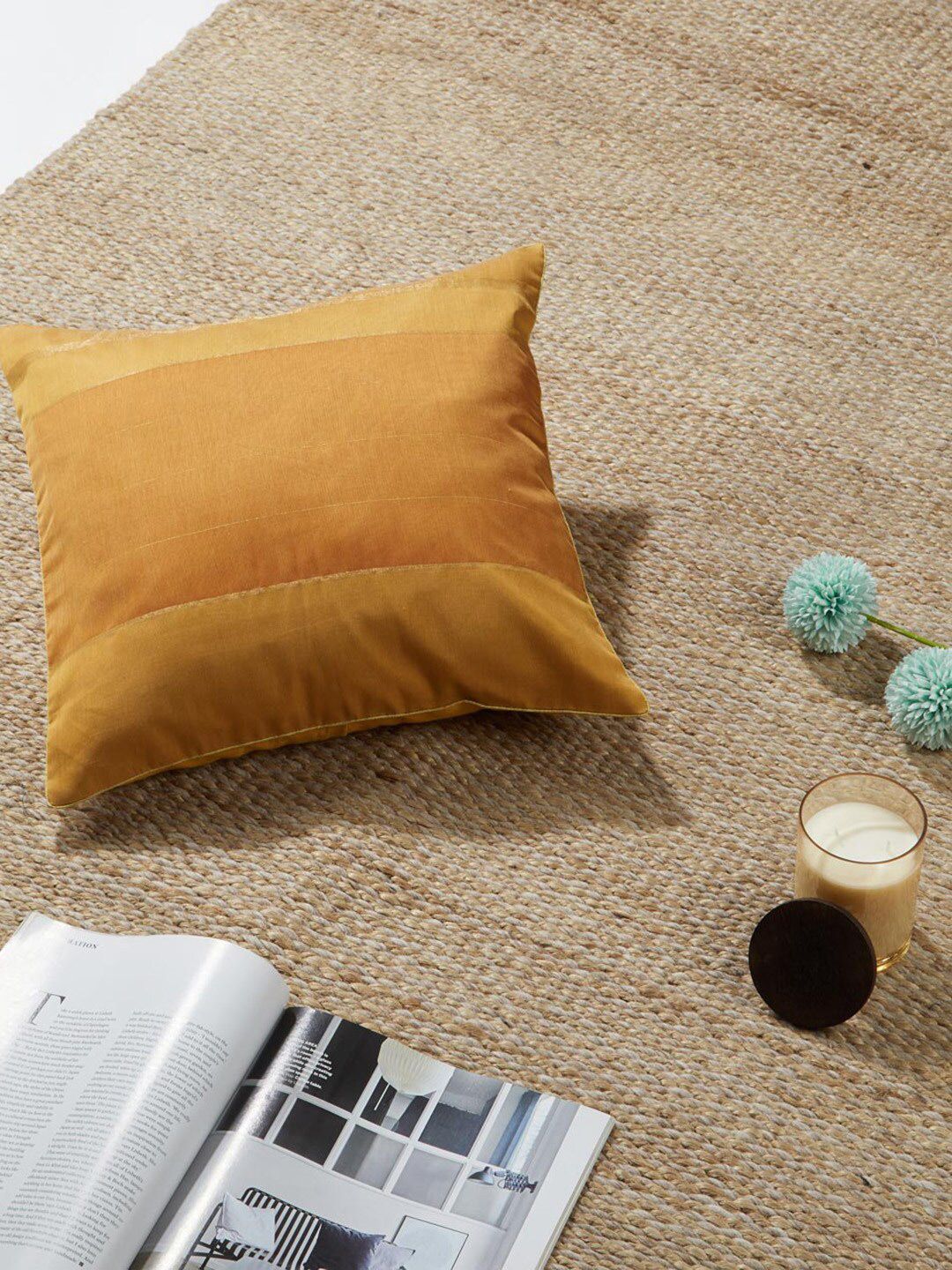 Fabindia Yellow Striped Cotton Silk Washable Square Cushion Cover -16x16In