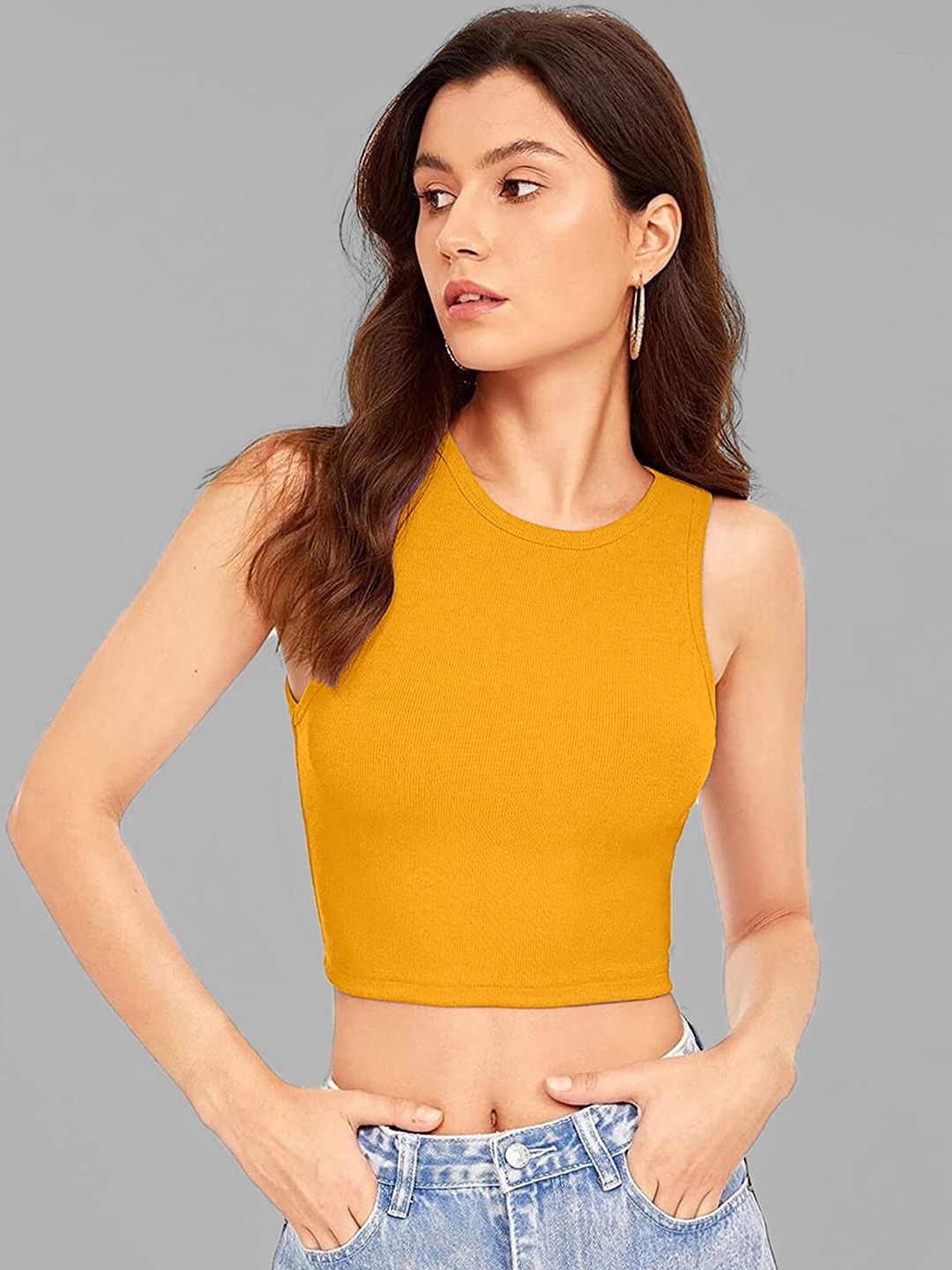 Selvia Round Neck Sleeveless Fitted Ribbed Crop Top