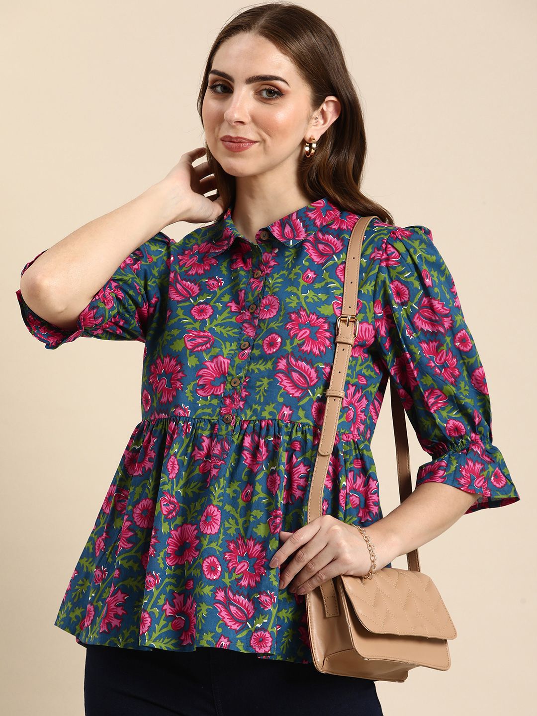 Routes by All About You Women Blue&Pink Floral Printed Puff Sleeve Top
