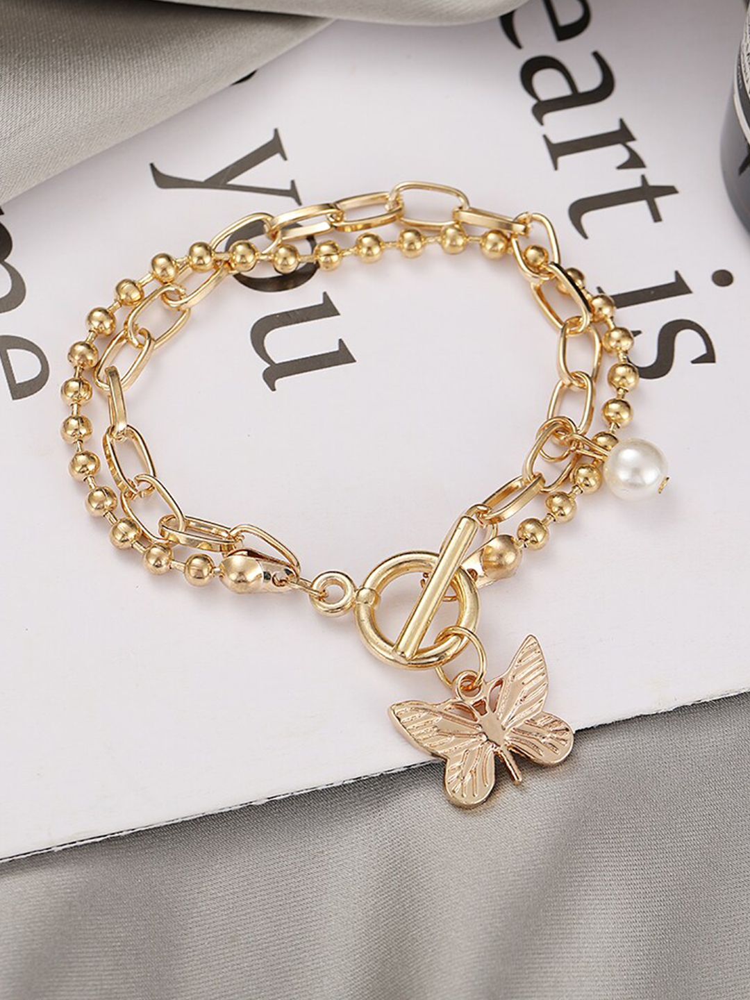 Shining Diva Fashion Women Pearls Gold-Plated Link Bracelet
