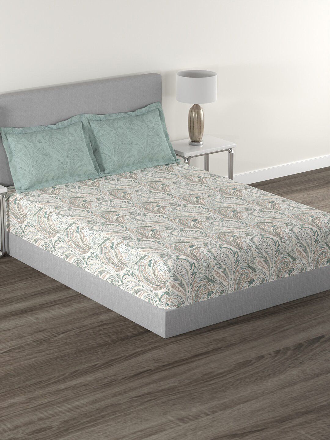 MYTRIDENT Jaipuri Printed Green Ethnic Motifs Pure Cotton 144 TC Queen Bedsheet with 2 Pillow Covers-228 x 254 cm