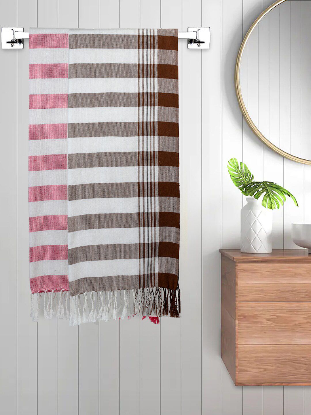 FABINALIV White Striped Cotton 225GSM Super Soft 2PCs Adult Regular Bath Towel-59x30In