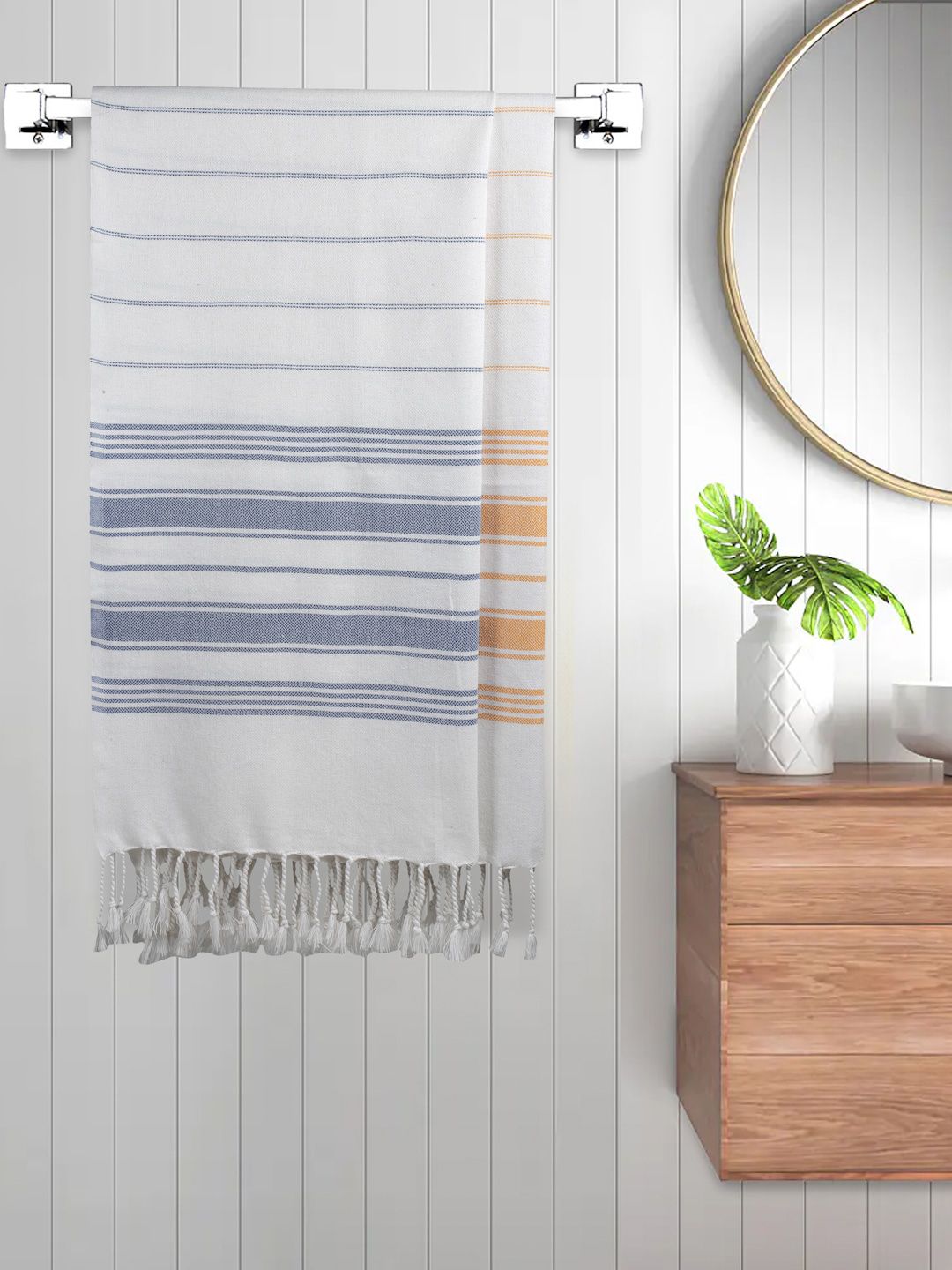 FABINALIV Set of 2 White & Blue Striped Printed 225 GSM Cotton Bath Towels