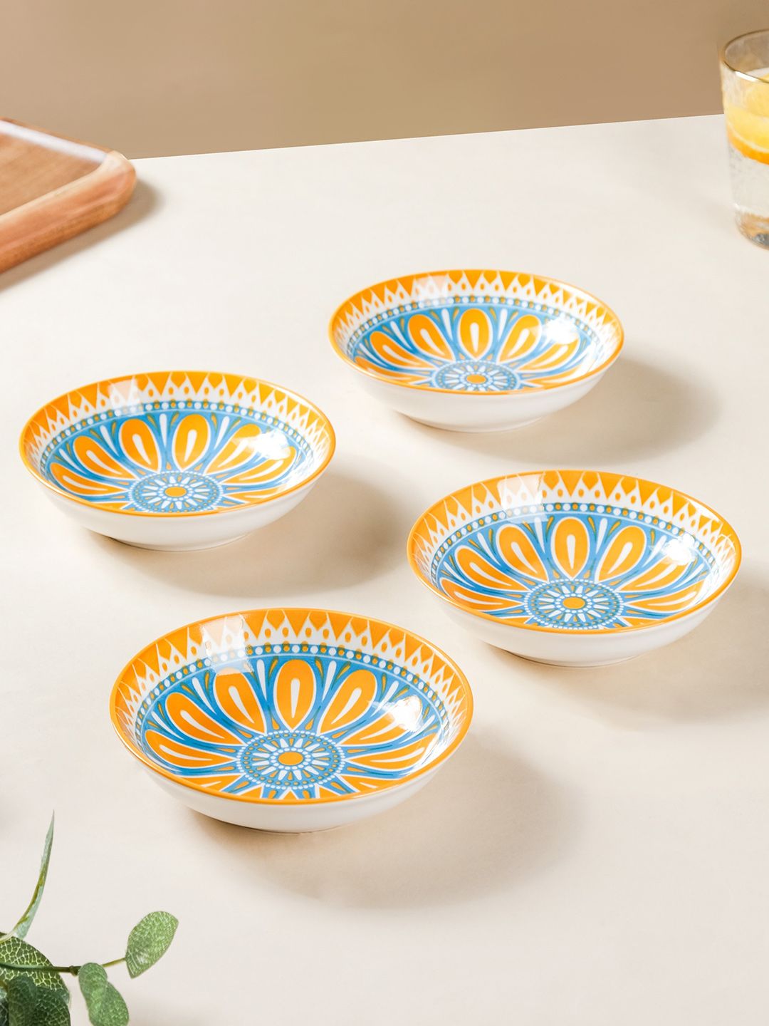 Nestasia White & Blue 4 Pieces Ethnic Motifs Printed Ceramic Glossy Plates