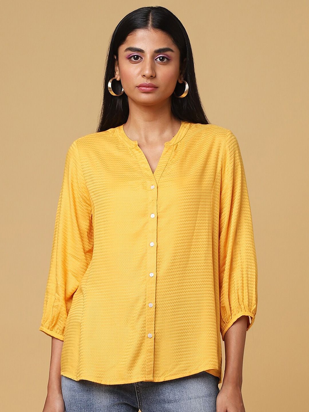 Marigold Lane Self Design Mandarin Collar Shirt Style Top