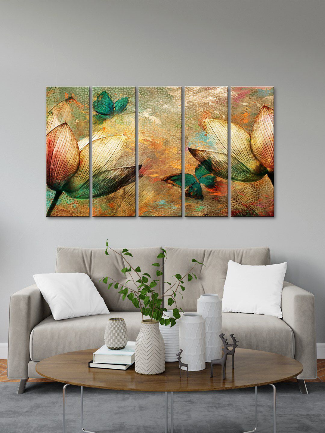 999Store Cream & Pink Flower Printed 5 Pieces Frame Art Panels Wall Painting