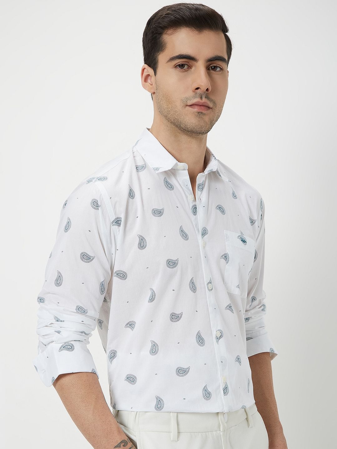 Mufti Men White Classic Slim Fit Opaque Printed Casual Shirt