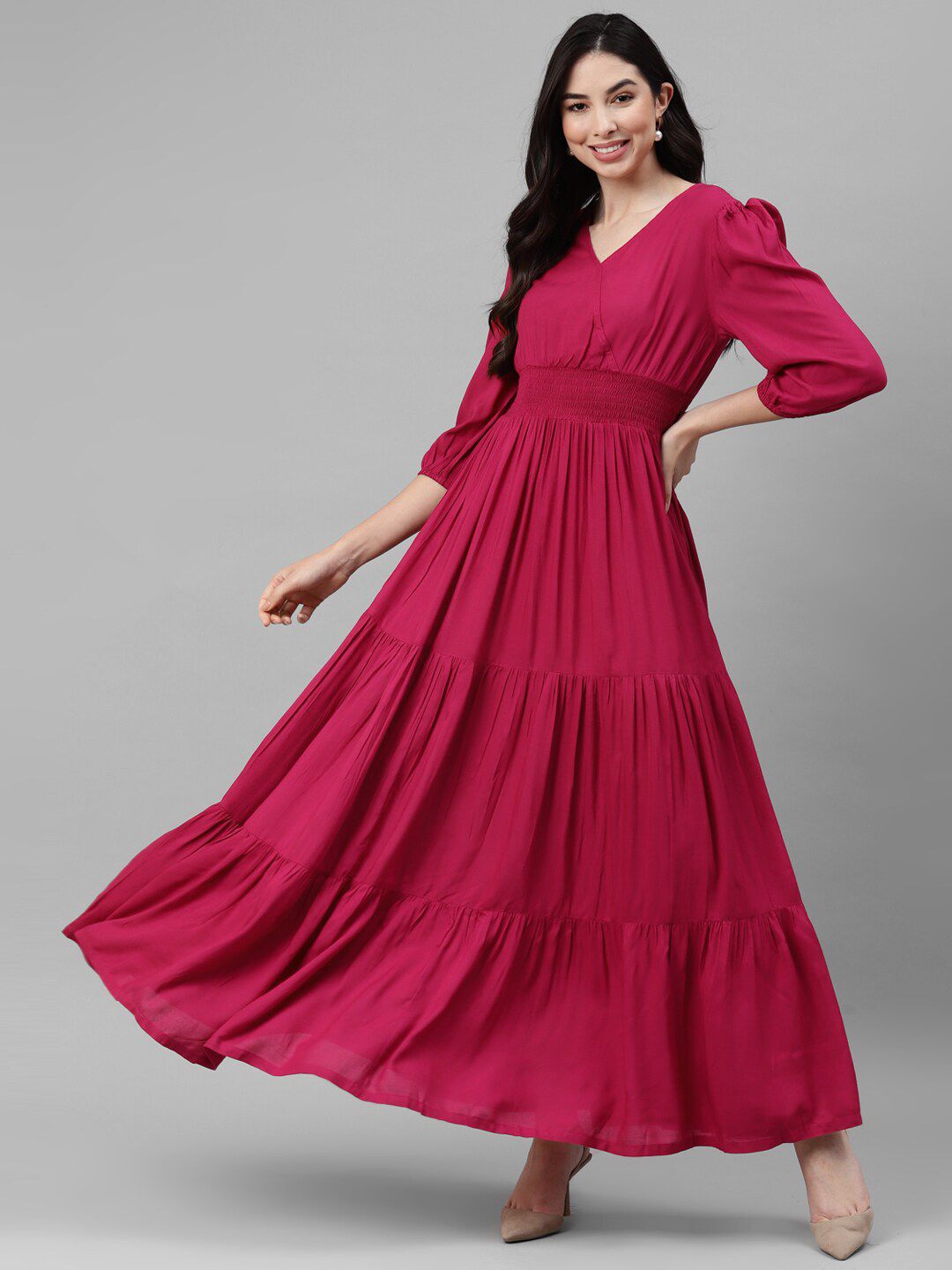 DEEBACO Magenta Puff Sleeve Maxi Dress