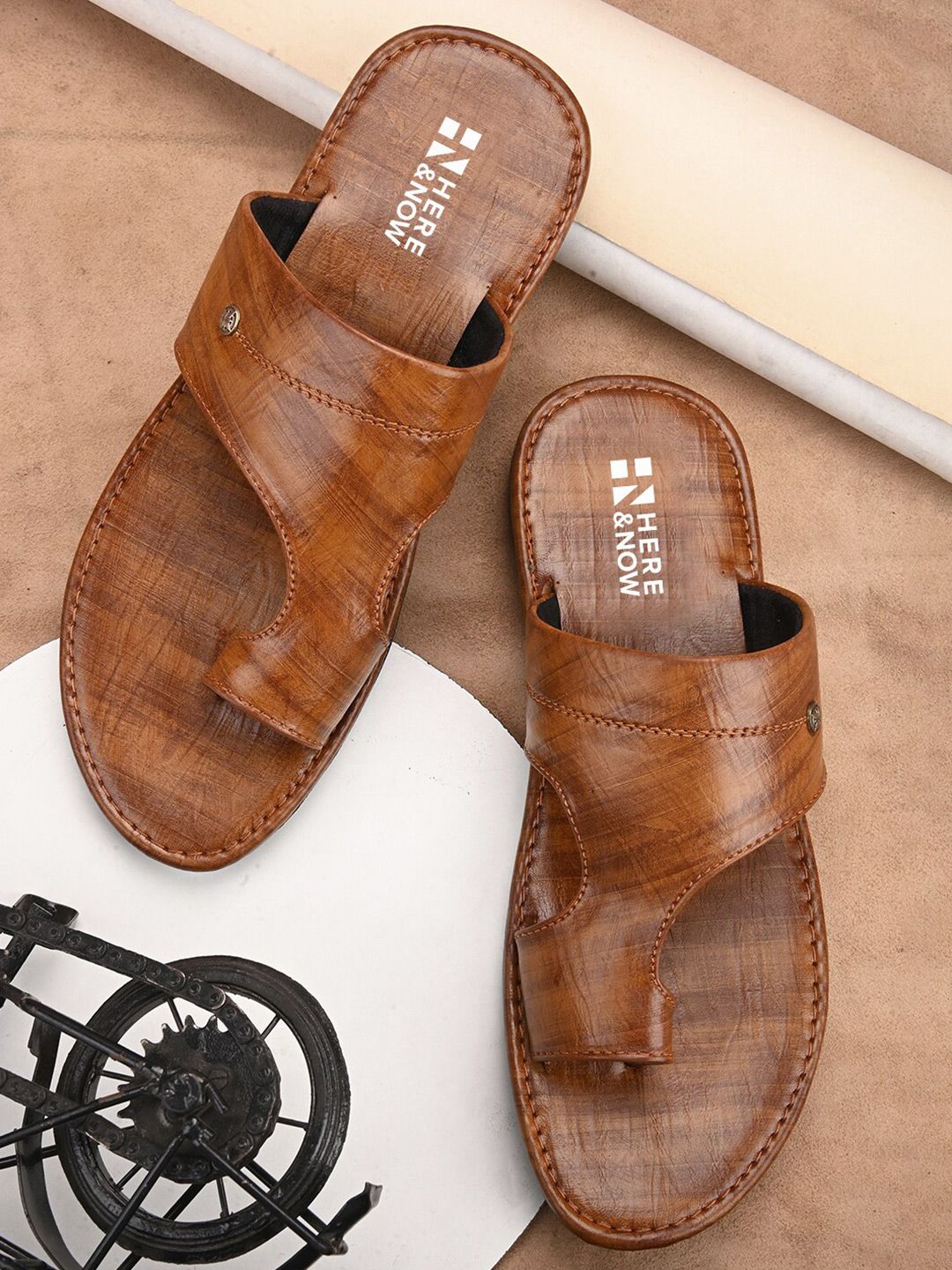 HERE&NOW Men Tan Brown Textured Comfort Sandals