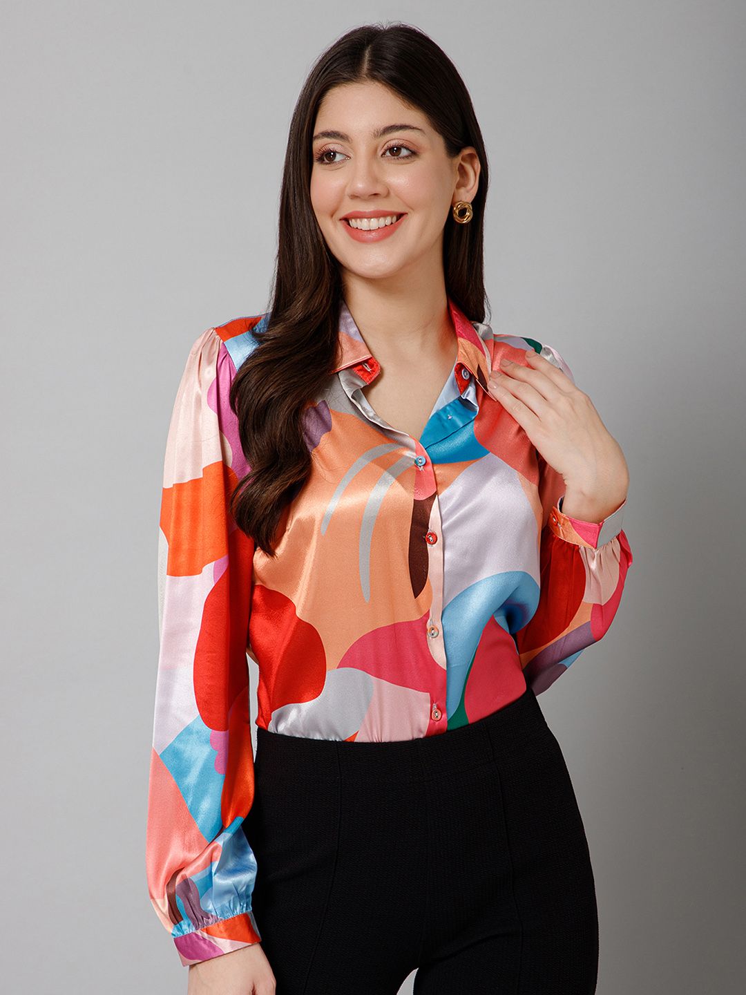 PURYS Smart Fit Abstract Printed Satin Casual Shirt