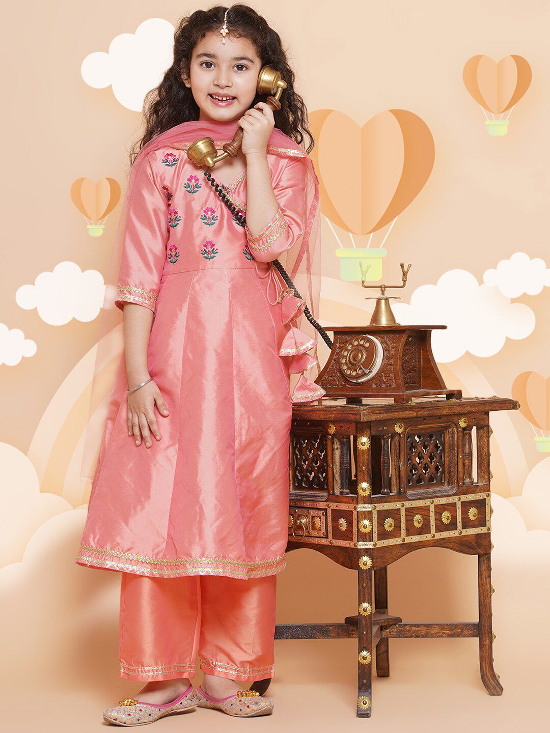 Girls Embroidered Angrakha Gotta Patti Kurta With Trousers & Dupatta 6