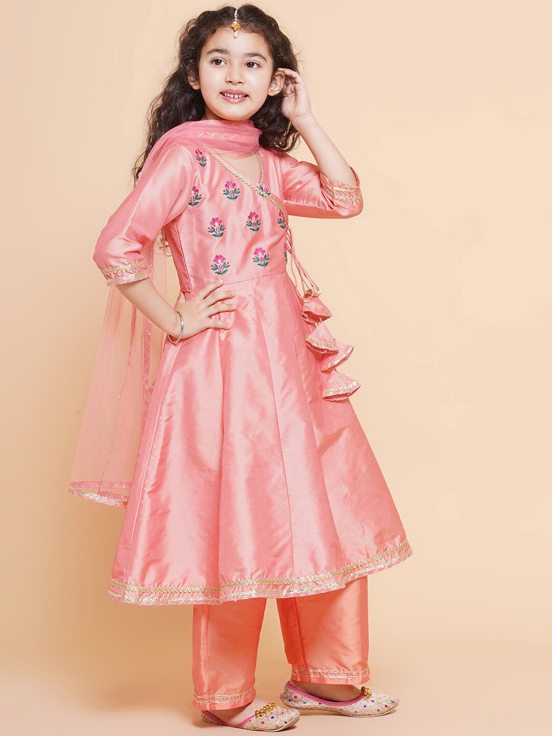 Girls Embroidered Angrakha Gotta Patti Kurta With Trousers & Dupatta 3