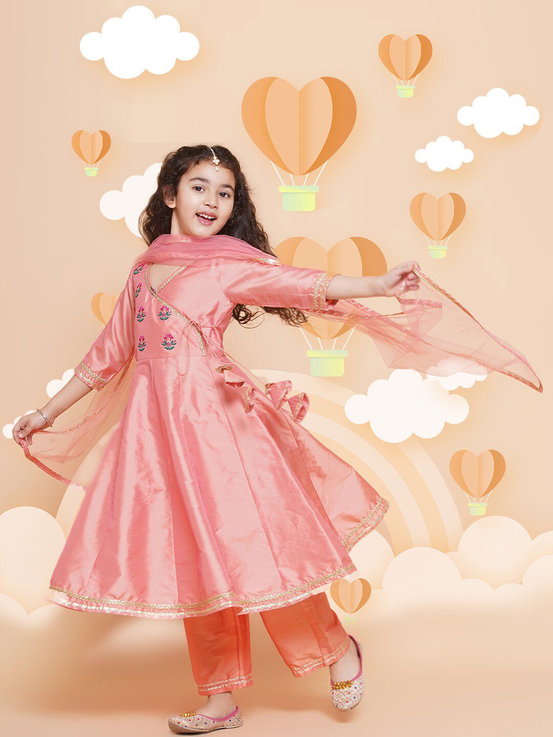 Girls Embroidered Angrakha Gotta Patti Kurta With Trousers & Dupatta 7