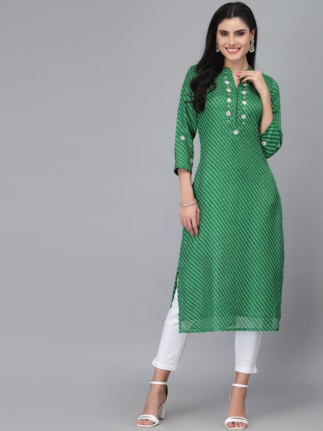 Ragavi Striped Mandarin Collar Beads & Stones Cotton Kurta