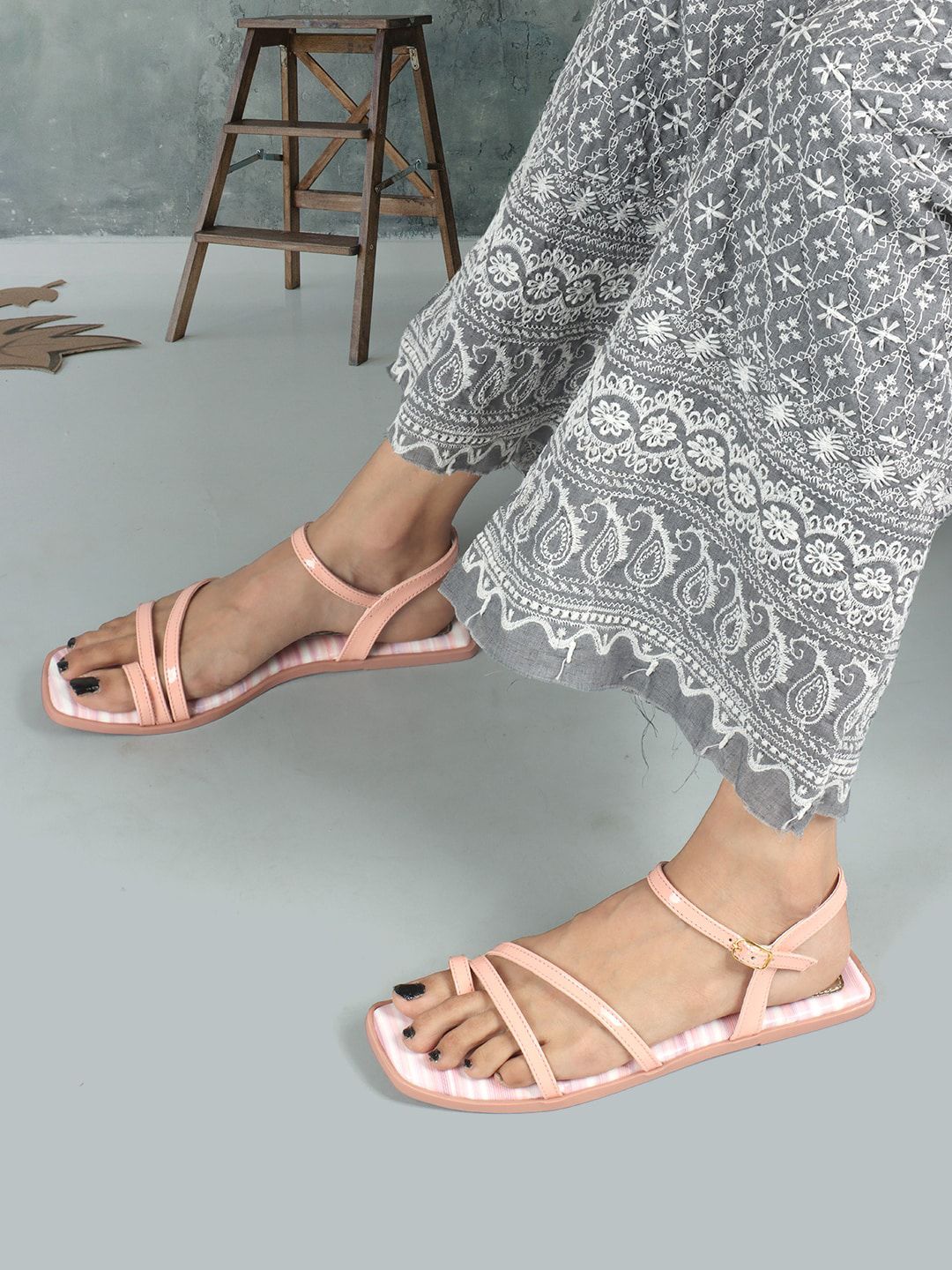 ELLE Striped Strappy One Toe Flats