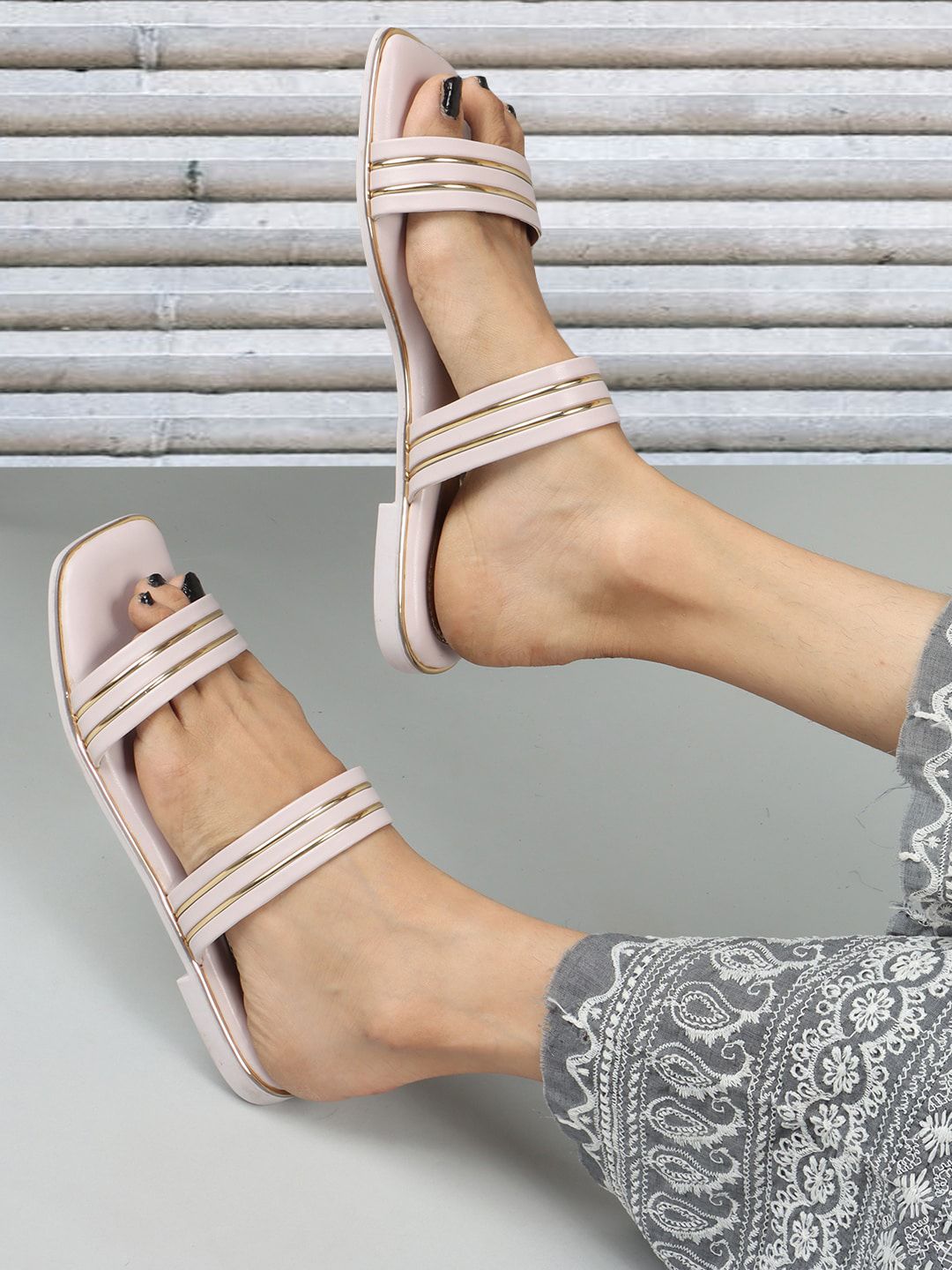 ELLE Striped Double Strap Open Toe Flats