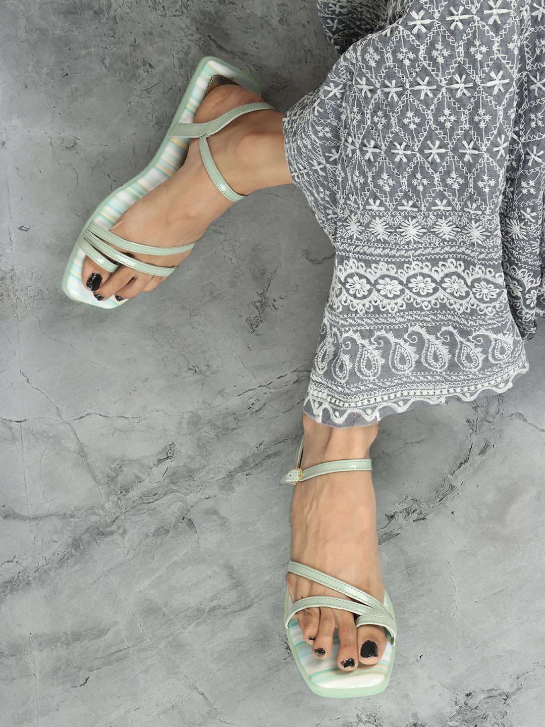 ELLE Striped Strappy One Toe Flats