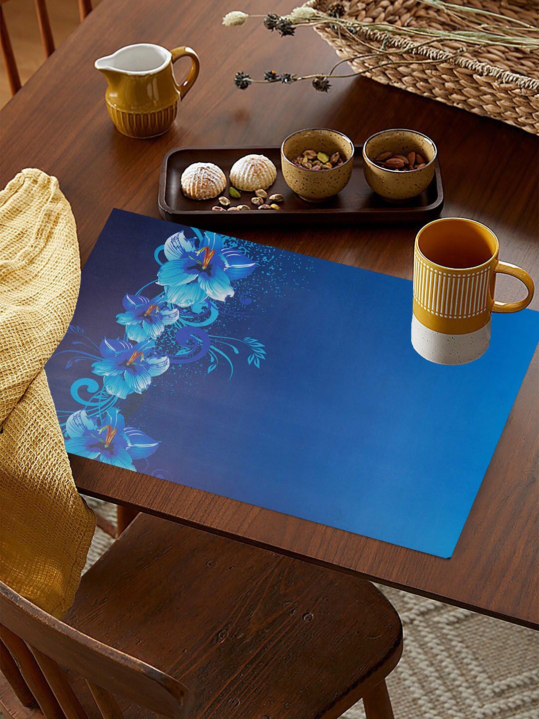 WEAVERS VILLA Blue & White 6 Pieces Printed Rectangular Table Placemats