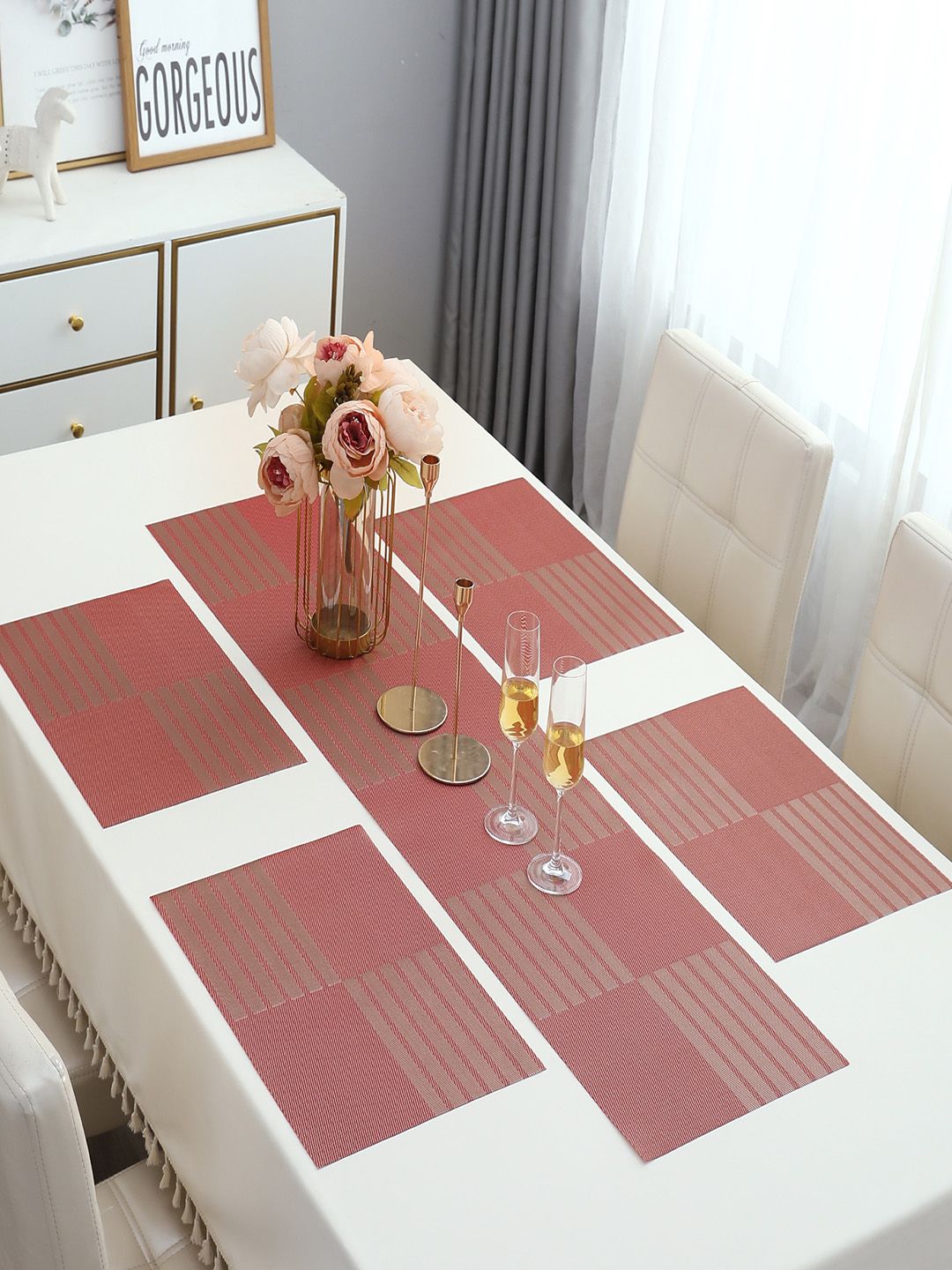 HOKIPO Set of 5 Red Striped Rectangular Table Placemats & Table Runner