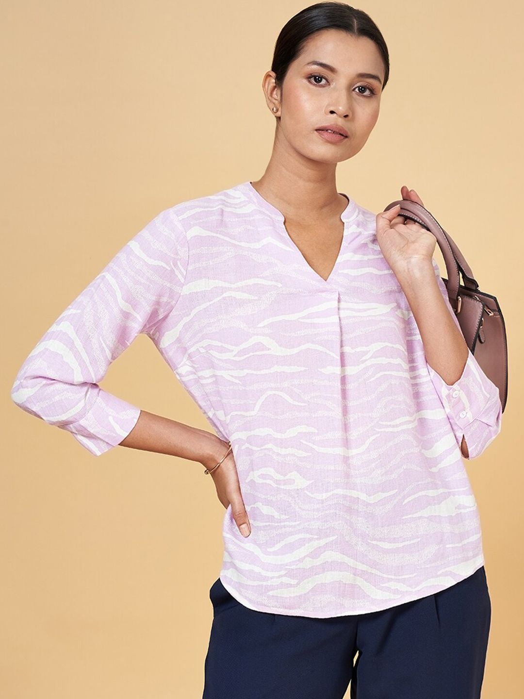 Annabelle by Pantaloons Abstract Printed Mandarin Collar Regular Top