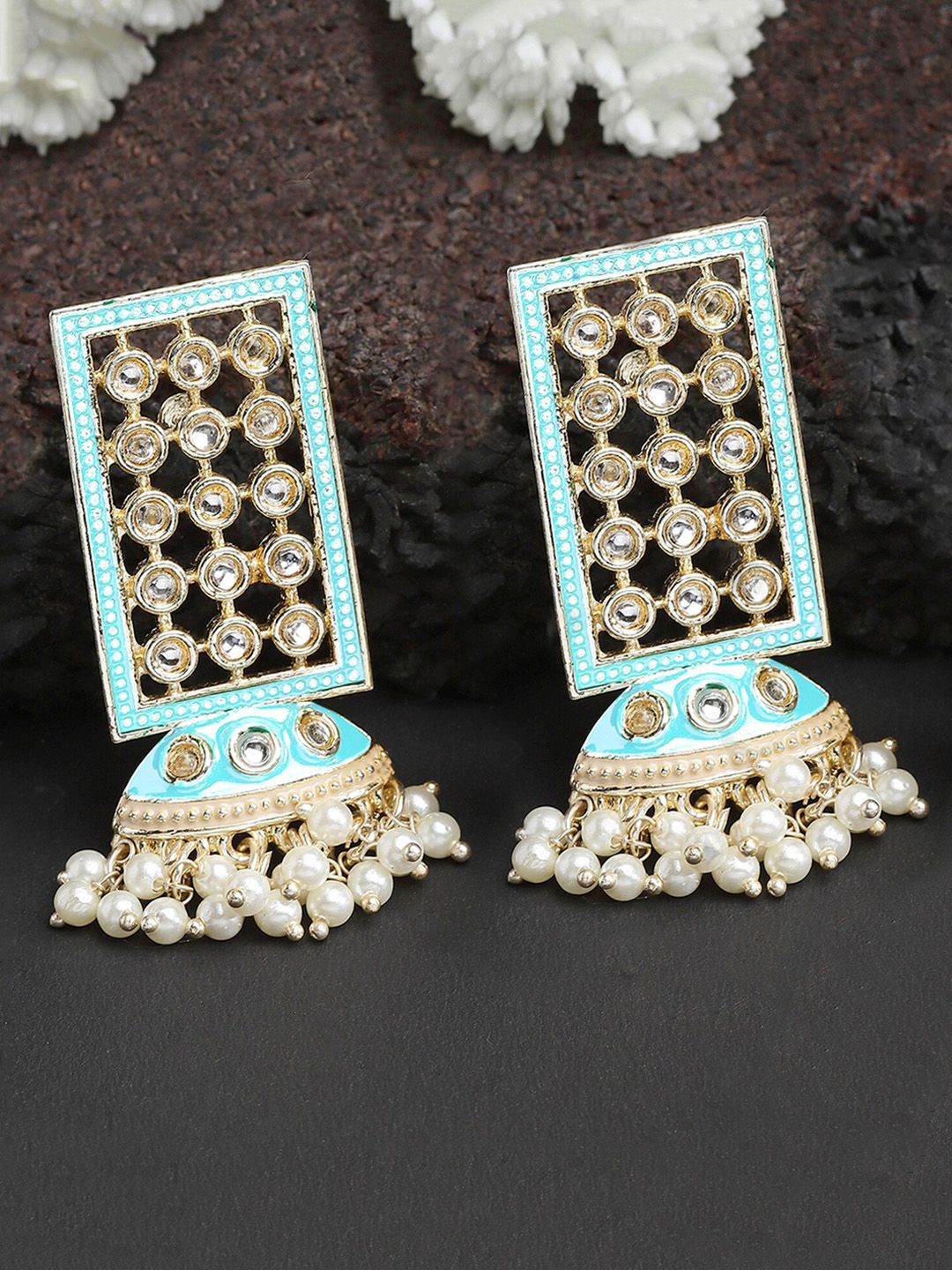 KARATCART Blue Gold-Plated Kundan Dome Shaped Jhumkas Drop Earrings