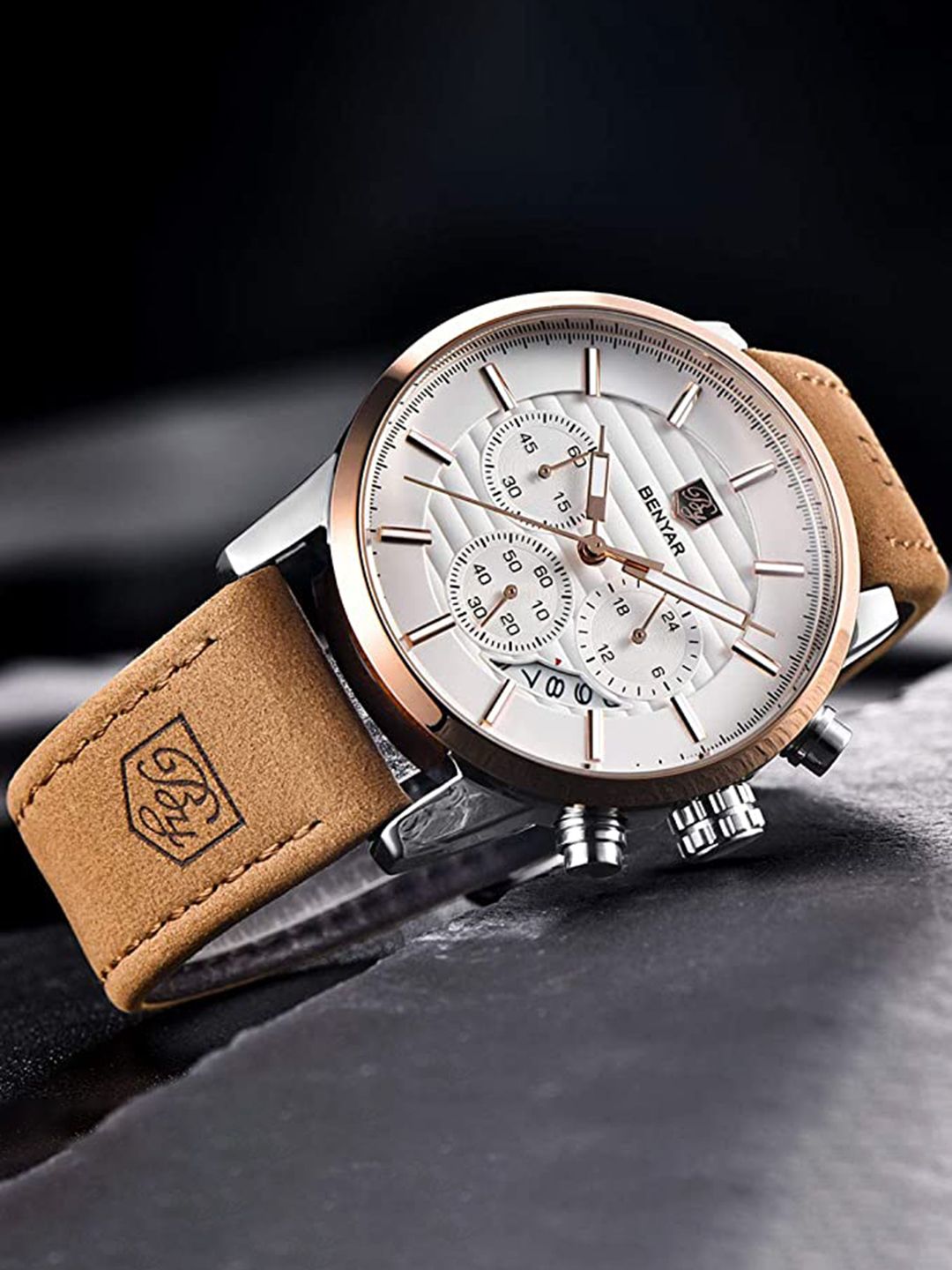 BENYAR Men Dial & Leather Bracelet Style Straps Analogue Chronograph Watch Ben-5104-Light-Brown-Wht