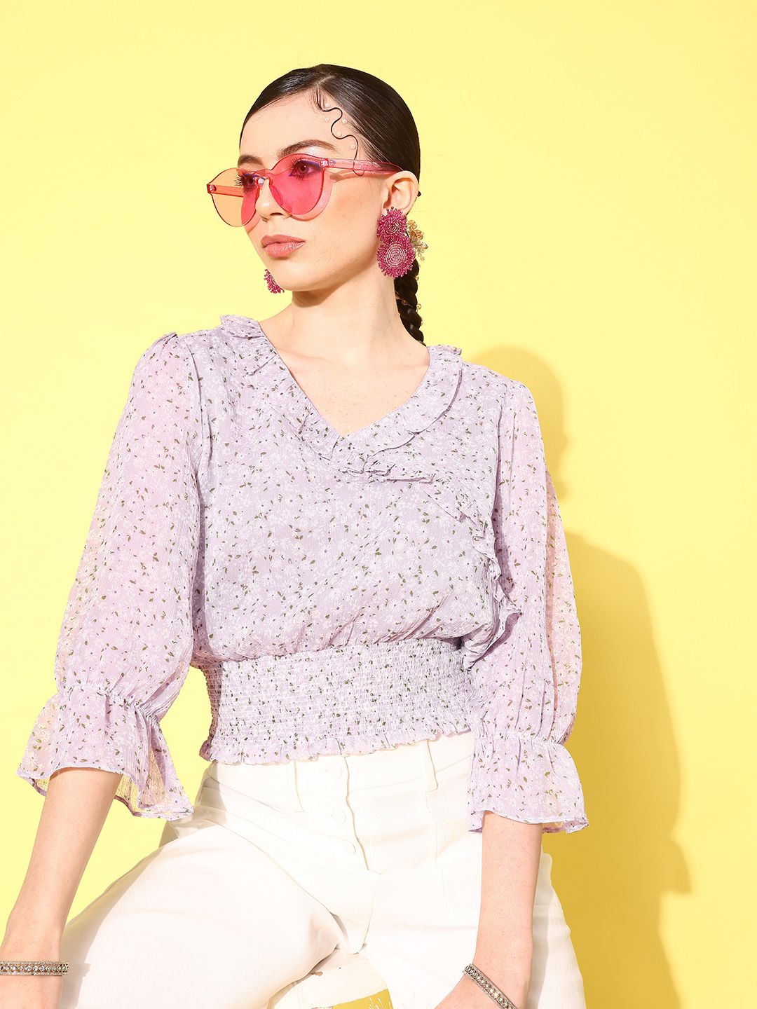 Nayam By Lakshita Grey Floral Print Smocked Bell Sleeves Chiffon Wrap Top with Ruffles Detail
