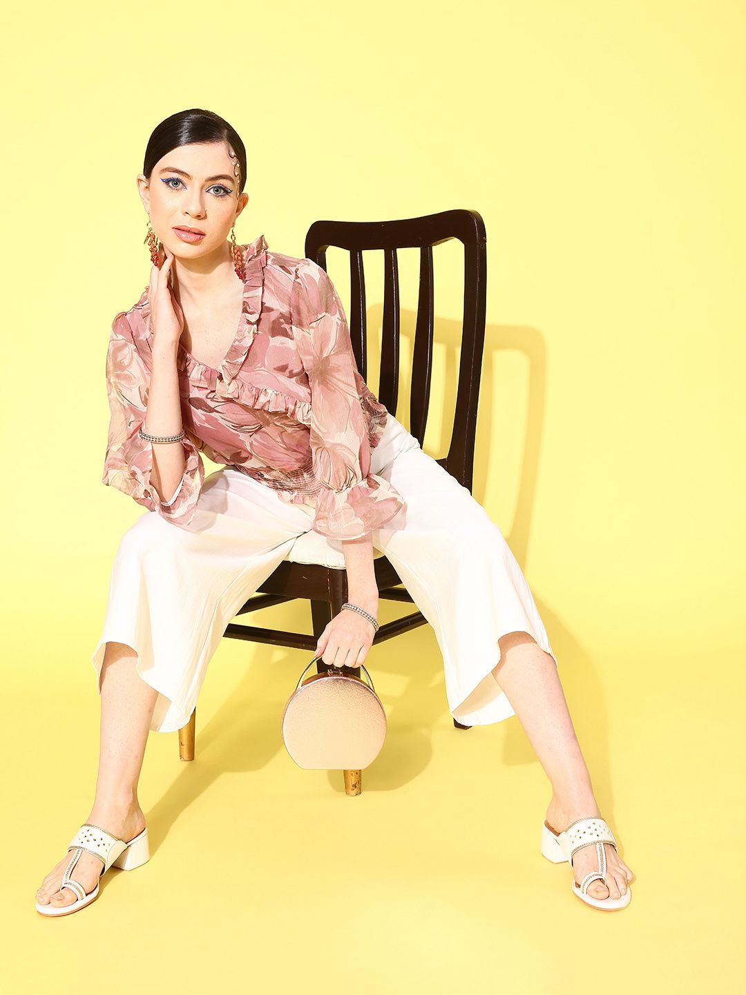 Nayam By Lakshita Peach Floral Print Smocked Bell Sleeves Chiffon Wrap Top with Ruffles Detail