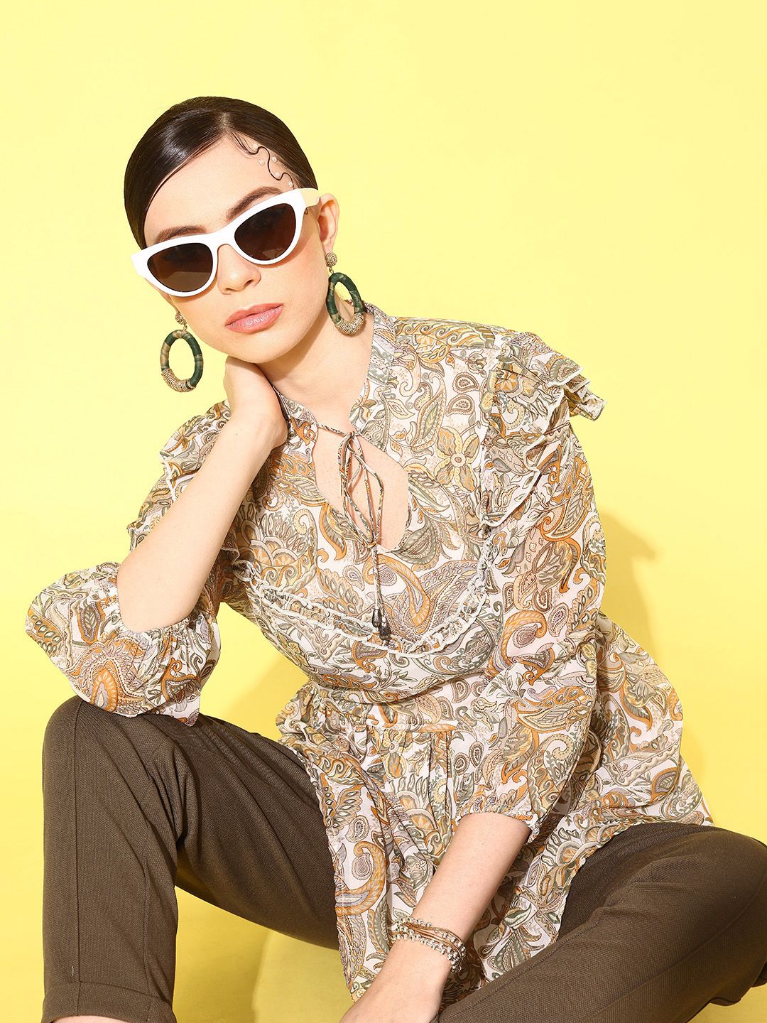 Nayam By Lakshita White Print Tie-Up Neck Puff Sleeves Ruffles Georgette Peplum Longline Top