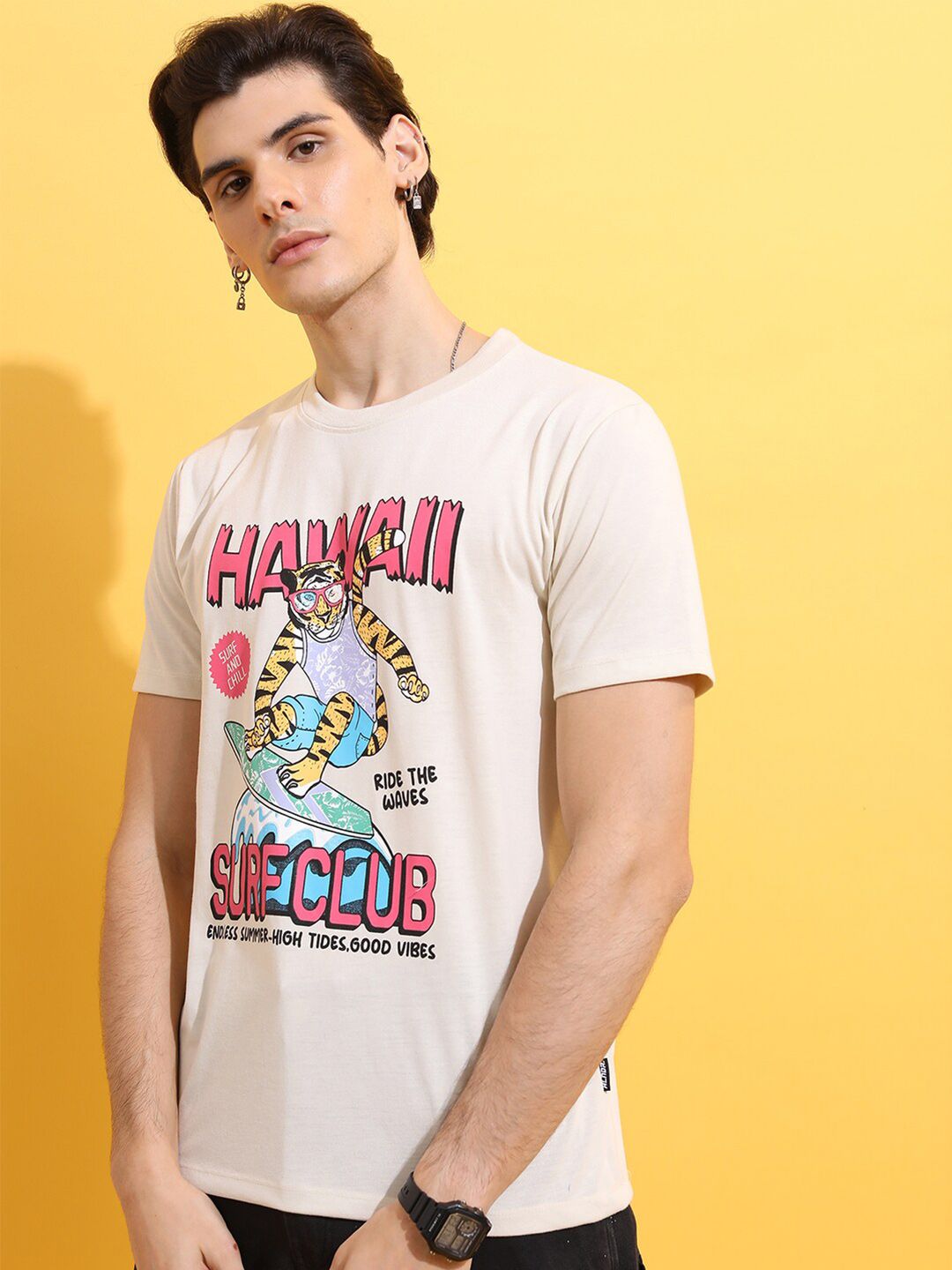 HIGHLANDER Cream-Coloured Typography Printed Relaxed Fit T-shirt