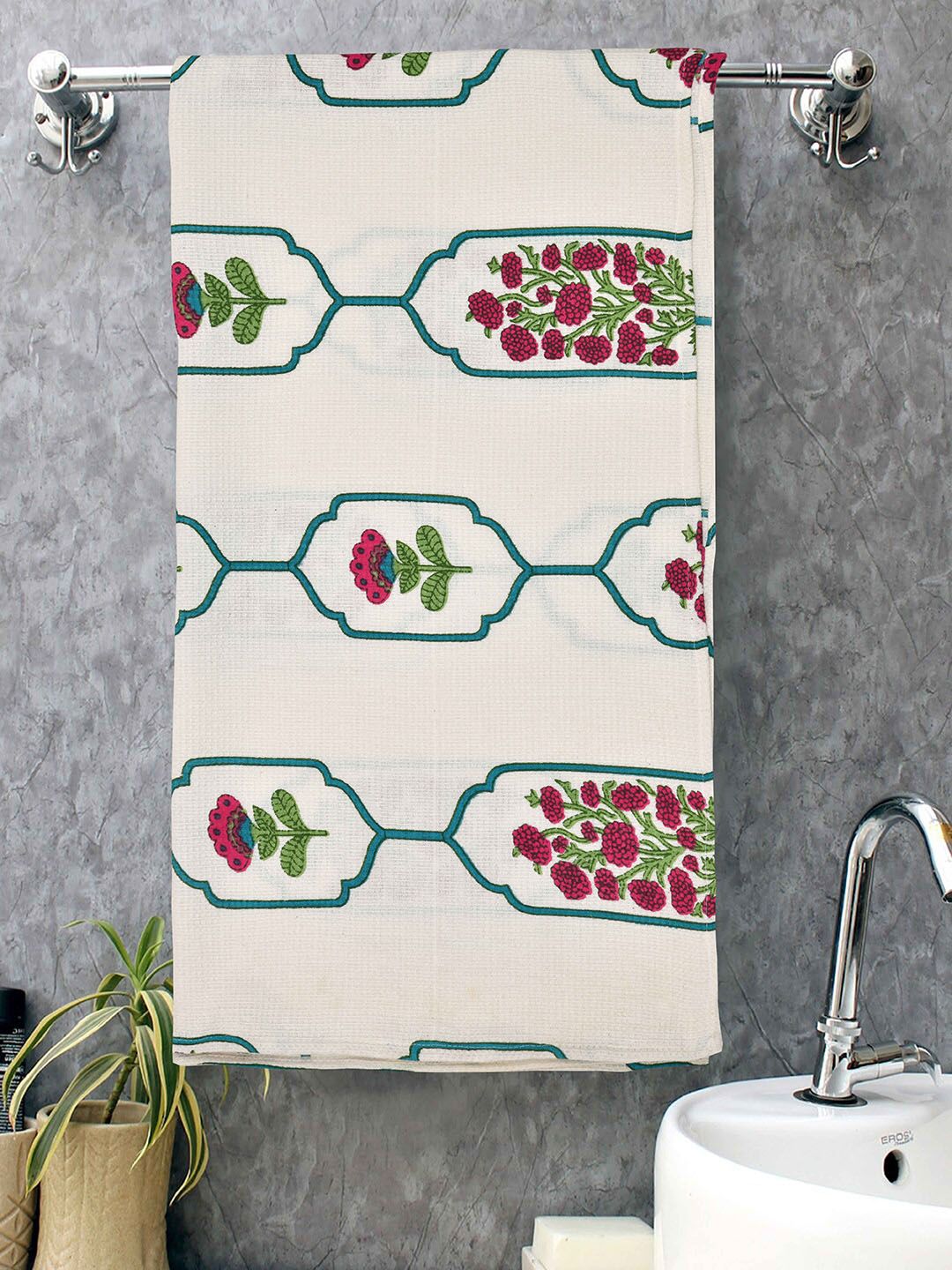 MAFATLAL Waffle White Floral Pure Cotton 250GSM Super Soft Adult Thin Bath Towel-58x30In
