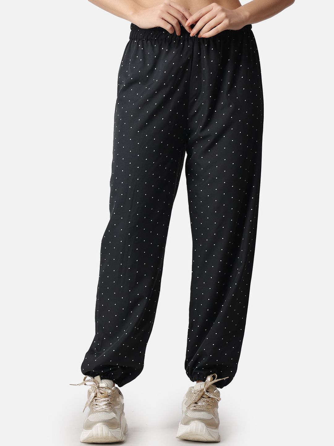 Popwings Women Polka Dot Printed Relaxed Loose Fit High-Rise Easy Wash Joggers
