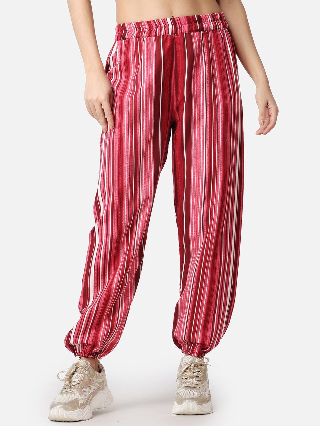Popwings Women Striped Relaxed Loose Fit High-Rise Easy Wash Joggers