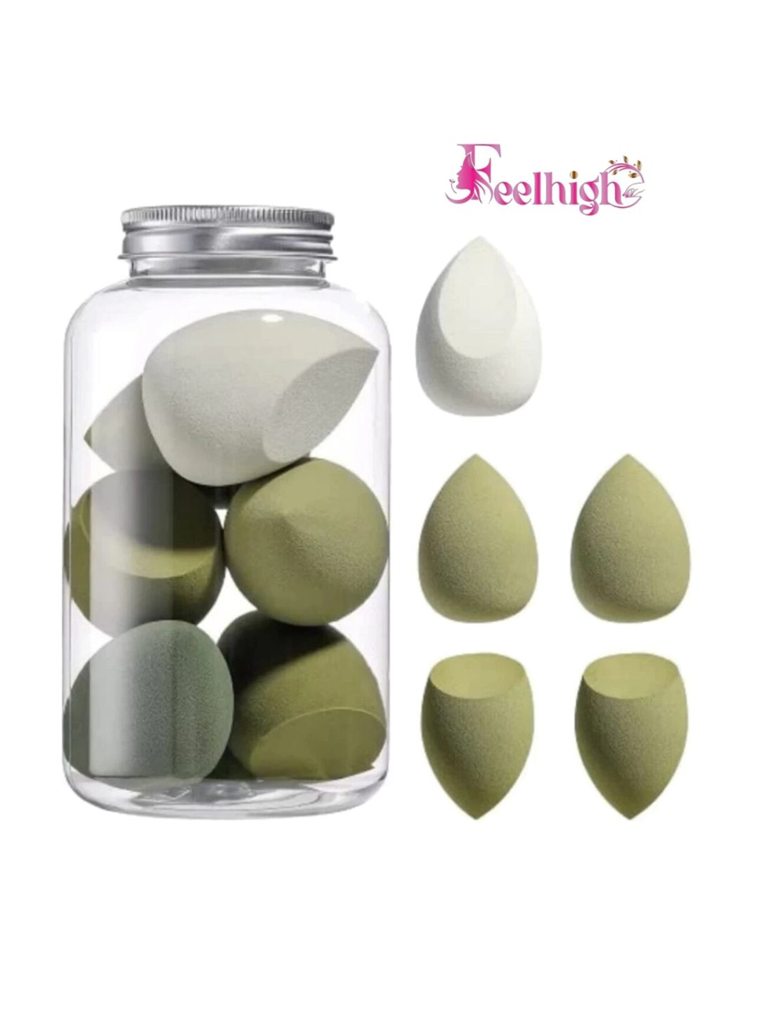FEELHIGH Set of 5 Beauty Blenders Makeup Sponges with Storage Jar - Green & White