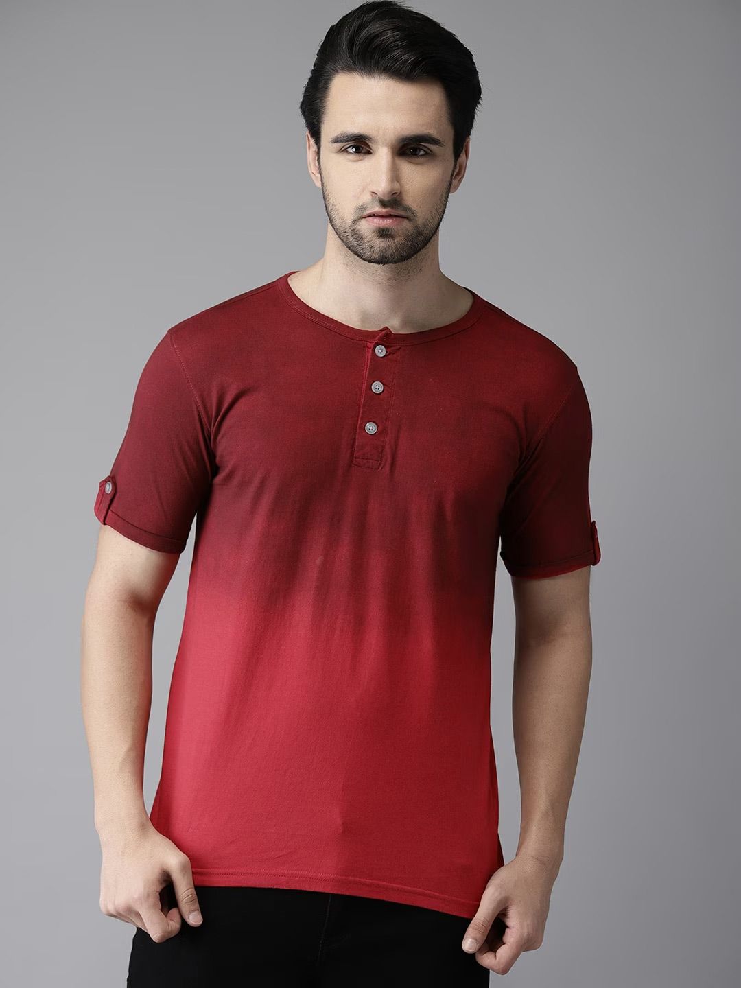 CAHOOT Maroon Henley Neck Relaxed Fit Ombre Casual Cotton T-shirt