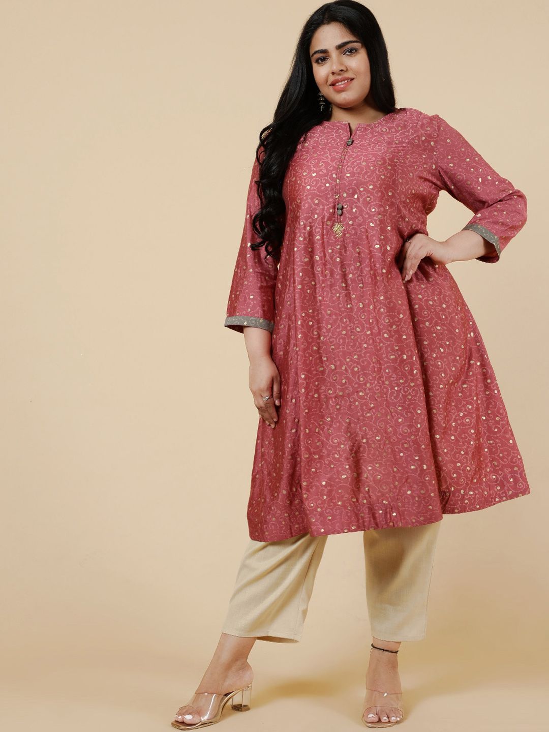 Be Indi Women Round Neck Ethnic Motifs Anarkali Silk Regular Kurta