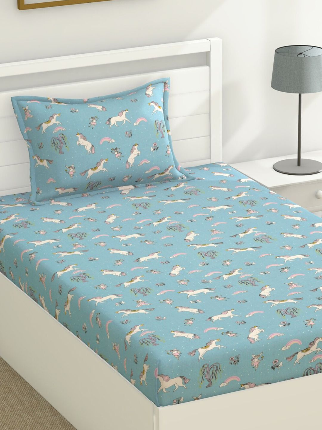 haus & kinder Turquoise Blue Printed Pure Cotton 120 TC Single Bedsheet & 1 Pillow Cover