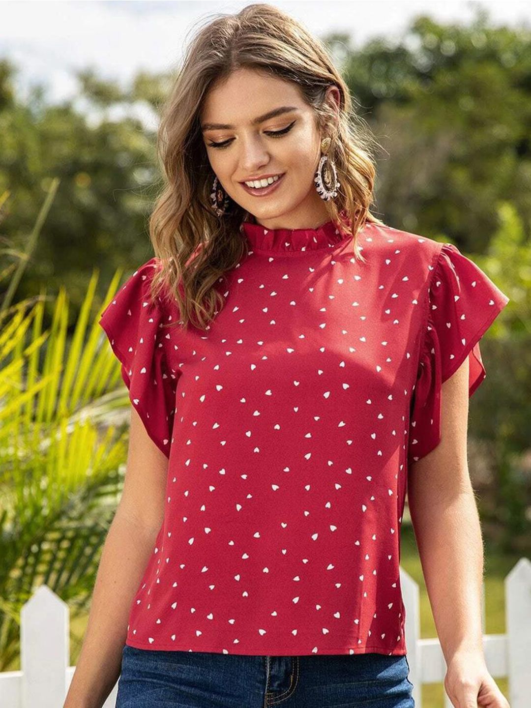Kotty Red Conversational Printed High Neck Flutter Sleeve Regular Top