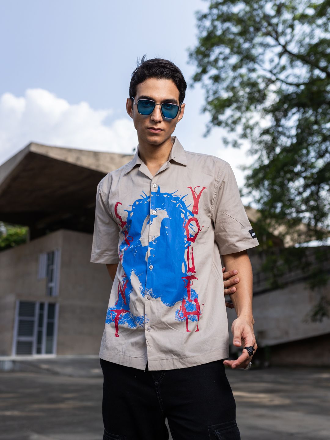Taupe Regular Fit Cuban Collar Graphic Casual Shirt
