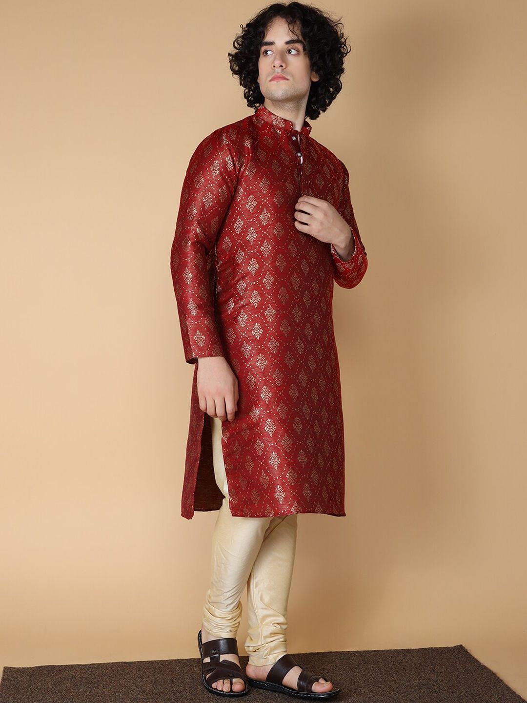 NAMASKAR Men Maroon Regular Pure Silk Kurta with Churidar