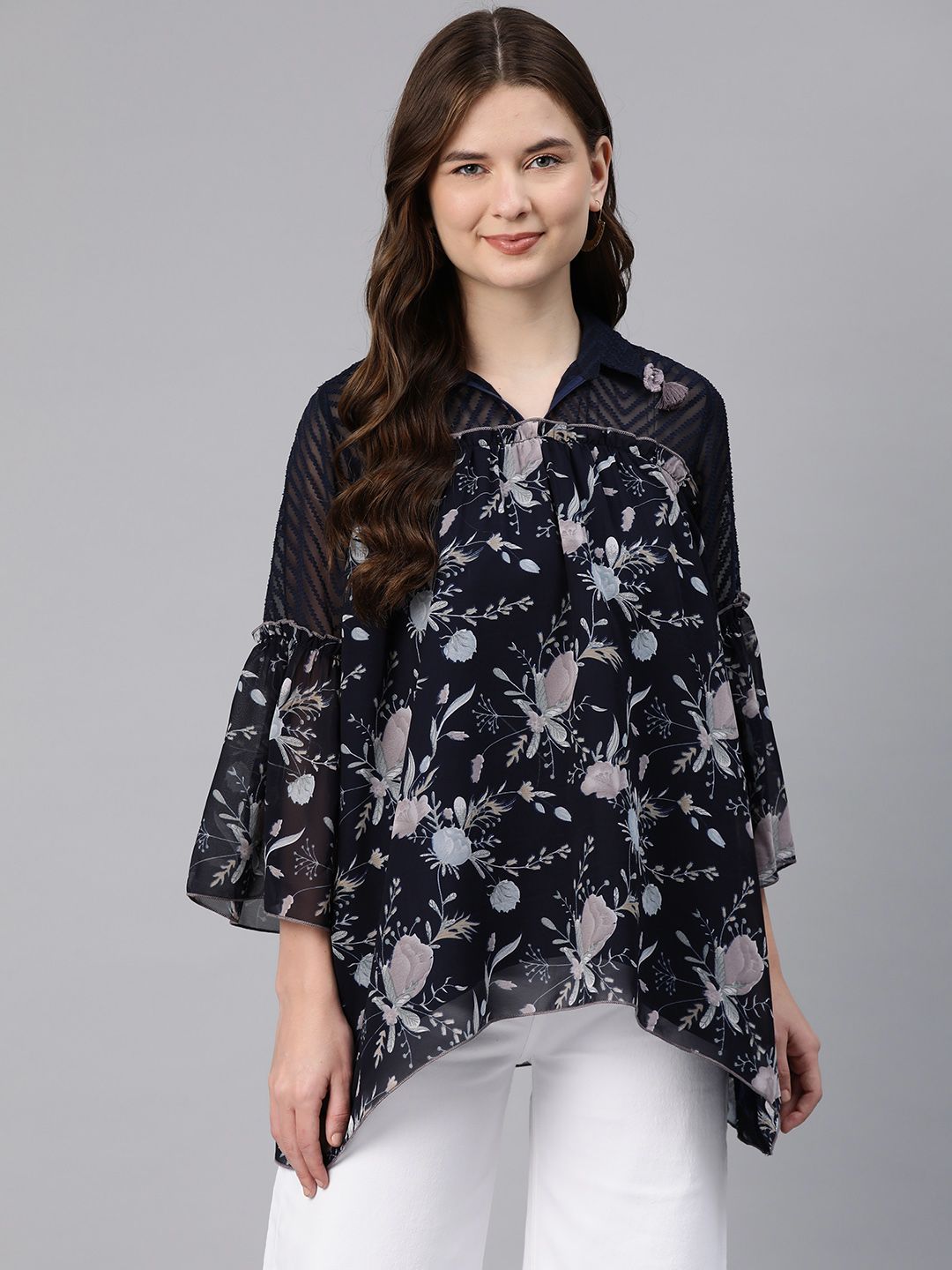 Nayam By Lakshita Navy Blue Floral Print Flared Sleeve Georgette Top