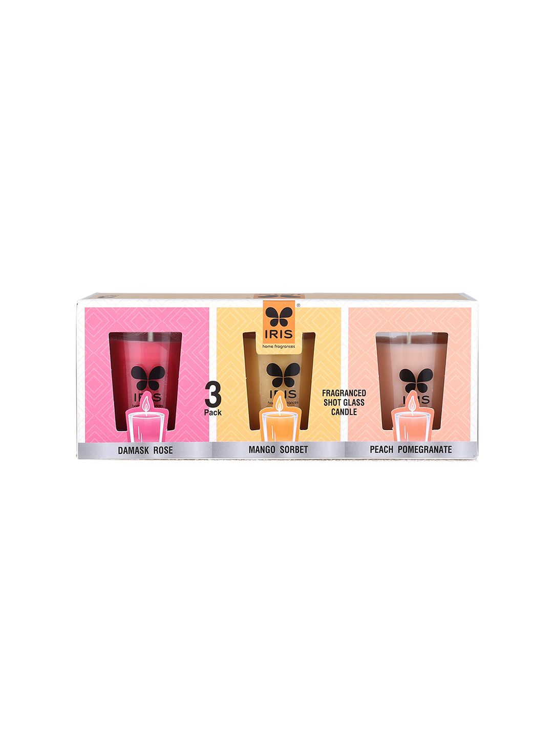 Iris shot glass 3Pcs Mango Sorbet, Peach Pomegranate, Damask Rose Solid Jar Candles